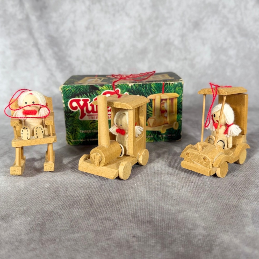 Vtg 1981 Yule Tots Wooden Christmas Ornaments Set of 3 Hand Crafted 3" NIB NOS